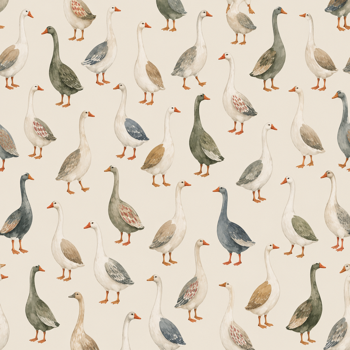 Subtle farmyard-themed wallpaper pattern with hand-painted geese on smooth beige background