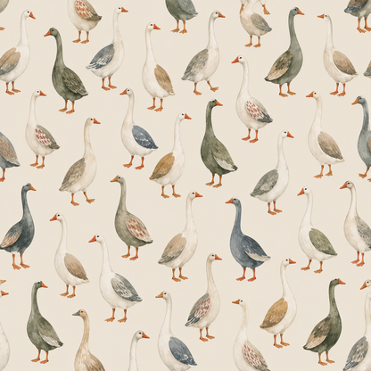 Subtle farmyard-themed wallpaper pattern with hand-painted geese on smooth beige background