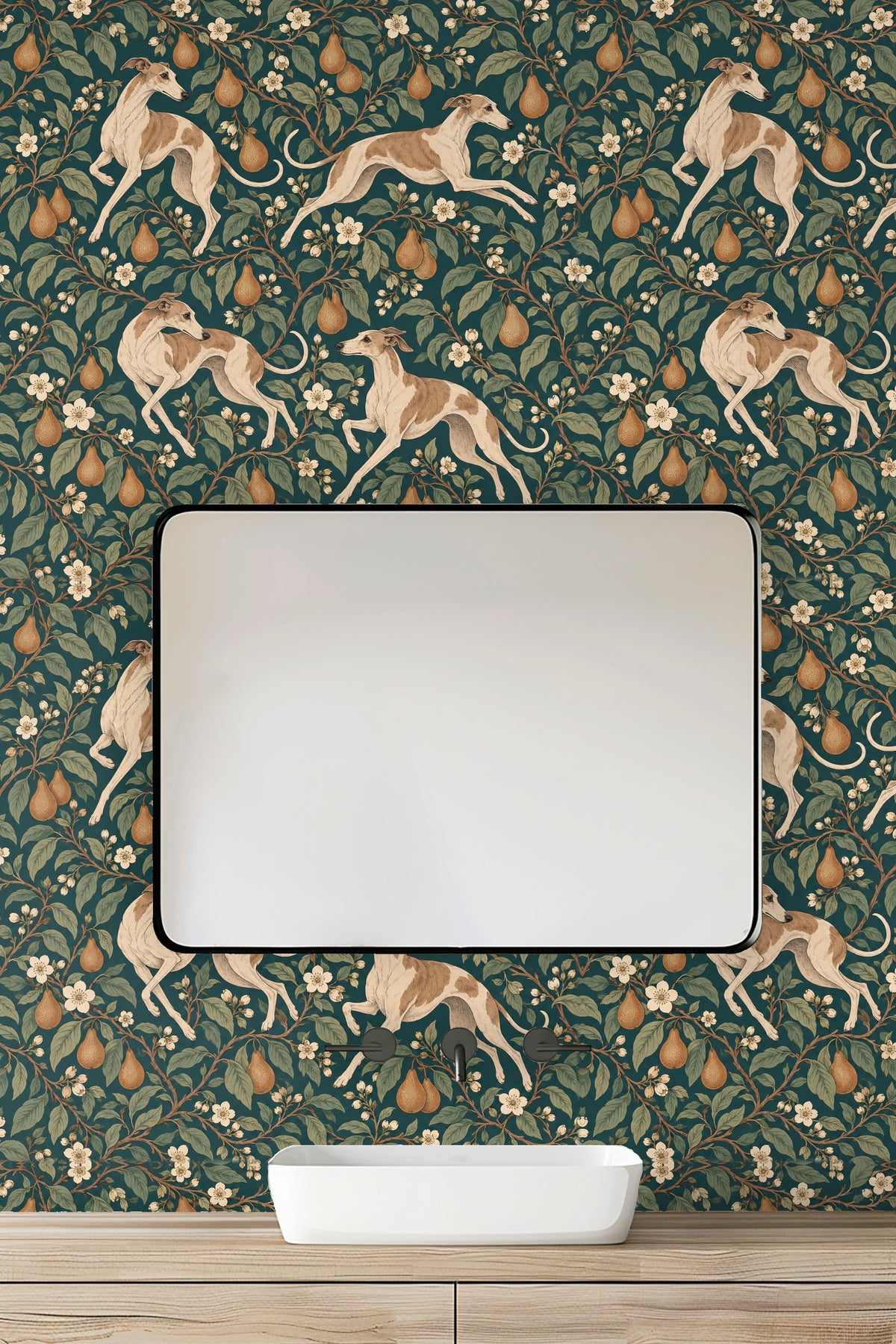 Artistic composition with white floral blooms and hounds set on a deep teal botanical pattern