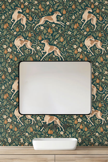 Artistic composition with white floral blooms and hounds set on a deep teal botanical pattern