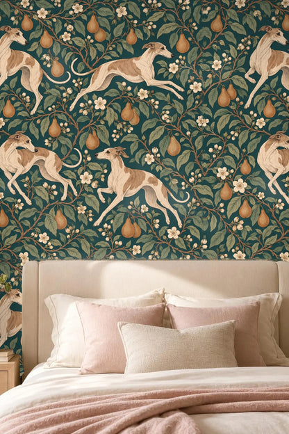 Whippet dog illustration with delicate strokes and shading among green leaves and pears