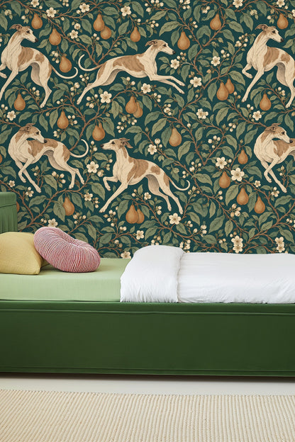 Wallpaper pattern showing tan and cream whippets with pears and leaves on a deep teal background