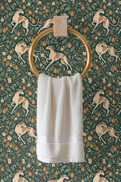 Detailed shot of golden pears and white blossoms framed by leaves on a rich teal wallpaper