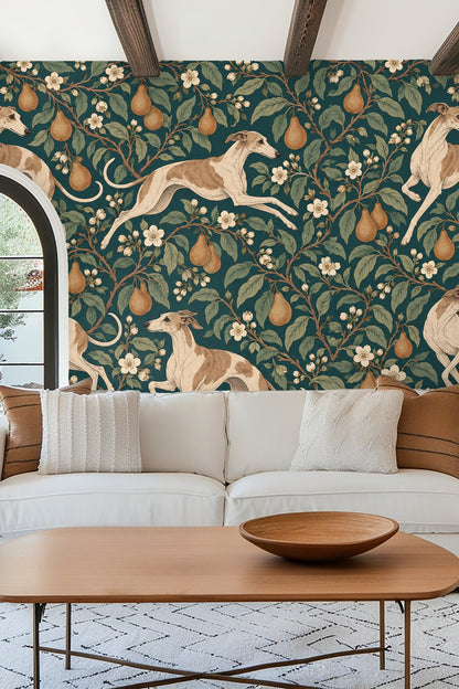 Bathroom wallpaper with tan whippets and pears on teal backdrop behind beige vanity with gold fixtures
