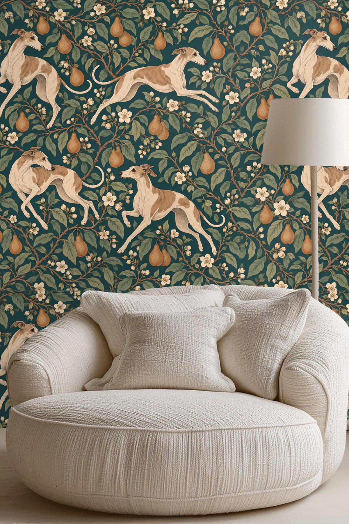 Scene showing scale of whippets and pears on wallpaper in a contemporary styled green bed room