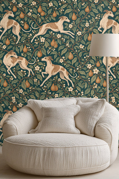 Scene showing scale of whippets and pears on wallpaper in a contemporary styled green bed room