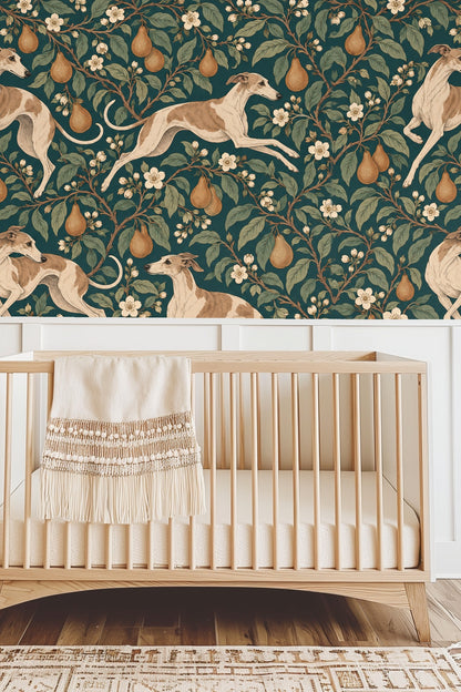 Wallpaper application in a modern bathroom setting highlighting the contrast between pears and whippets
