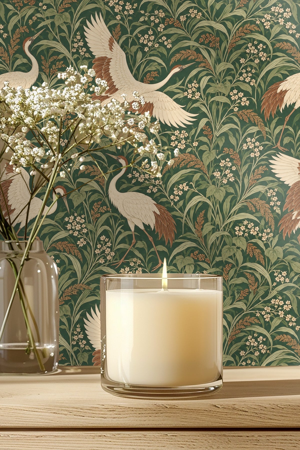 Bathroom wall with Japanese Crane Meadow wallpaper, oak medicine cabinet open showing shelves