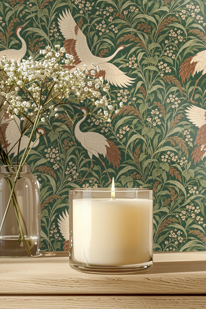 Bathroom wall with Japanese Crane Meadow wallpaper, oak medicine cabinet open showing shelves