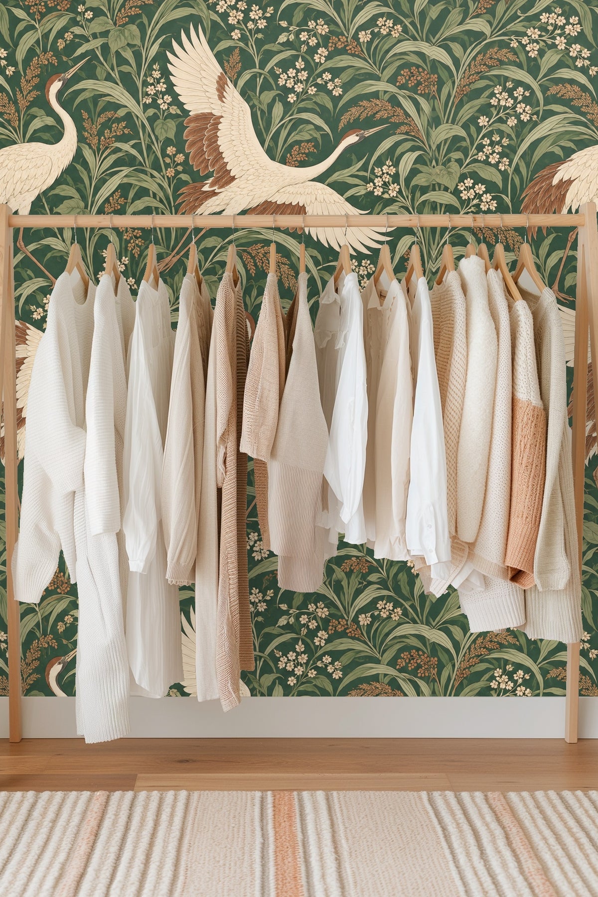 Detail of flower clusters and grass leaves in wallpaper design