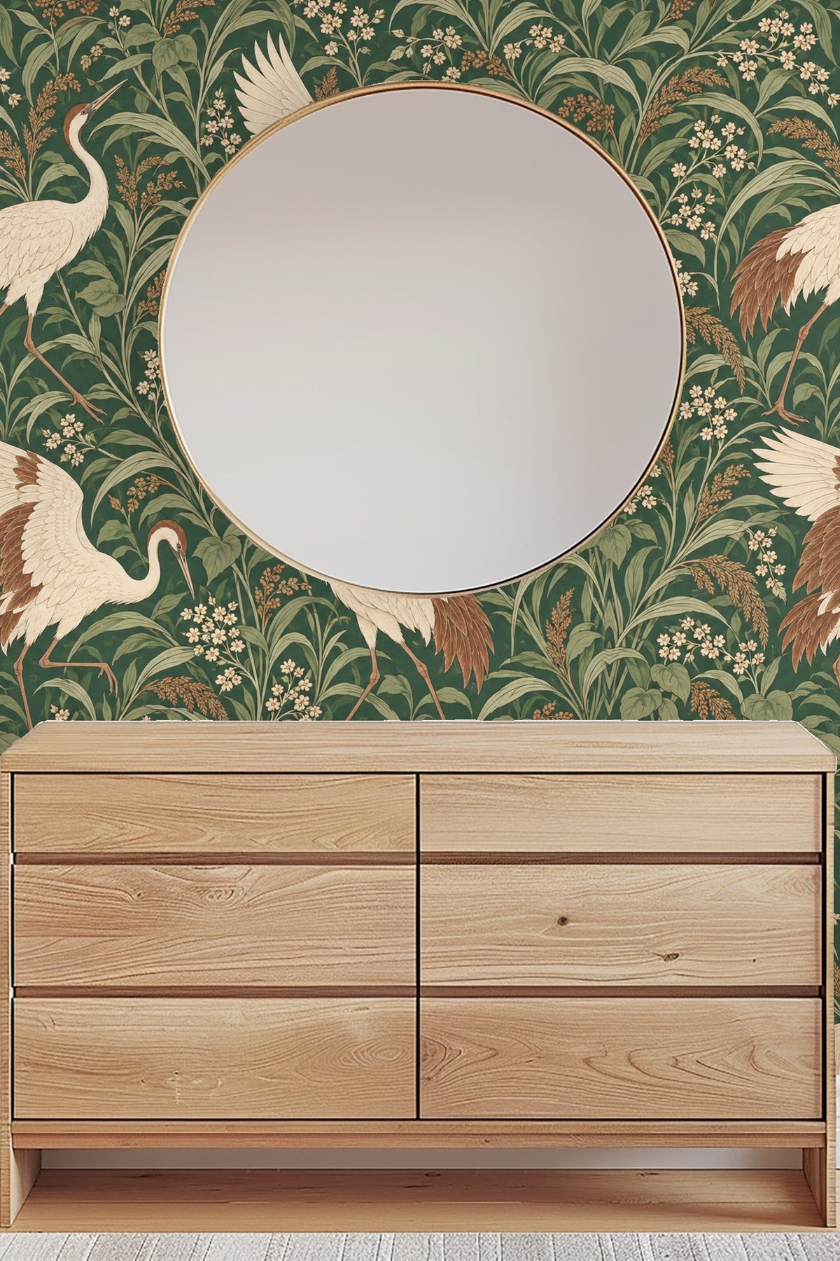 Wall art segment featuring cranes walking through meadow foliage