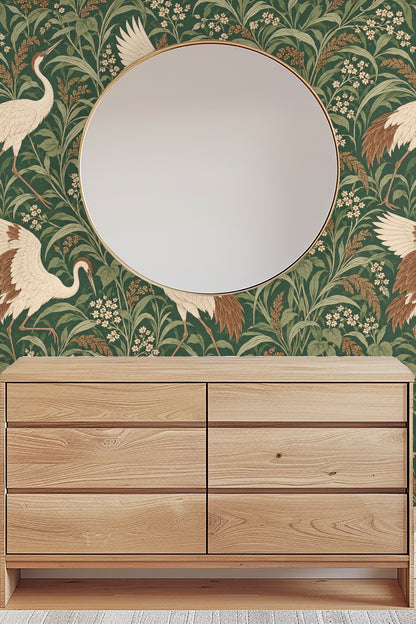 Wall art segment featuring cranes walking through meadow foliage