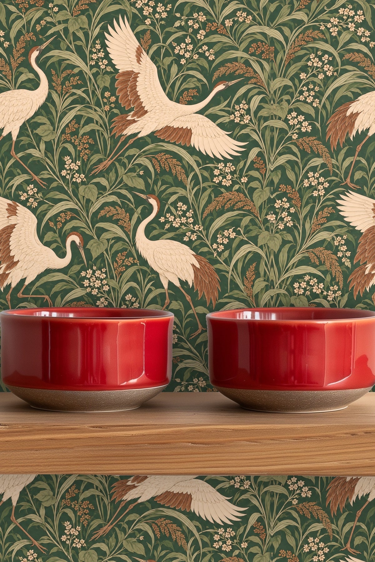 Side angle showing crane legs and floral pattern interplay