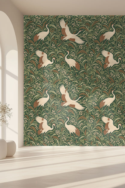 Wallpaper detail showing crane face and beak with floral accents