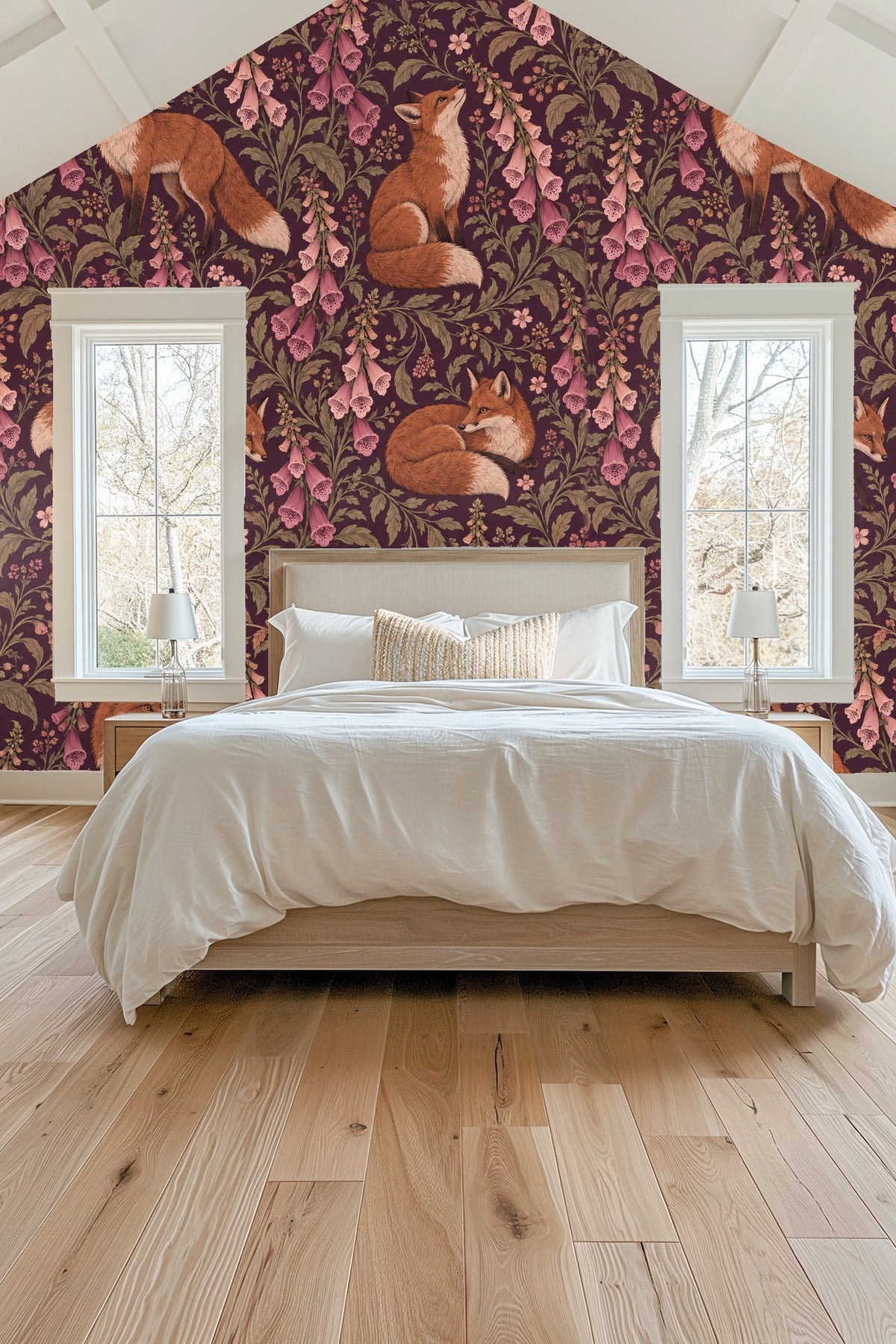 Close-up of wallpaper with a lit candle and vase of baby’s breath flowers in front