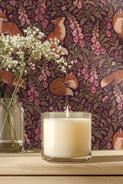 Original wallpaper artwork featuring red foxes and pink foxglove flowers on a dark purple background