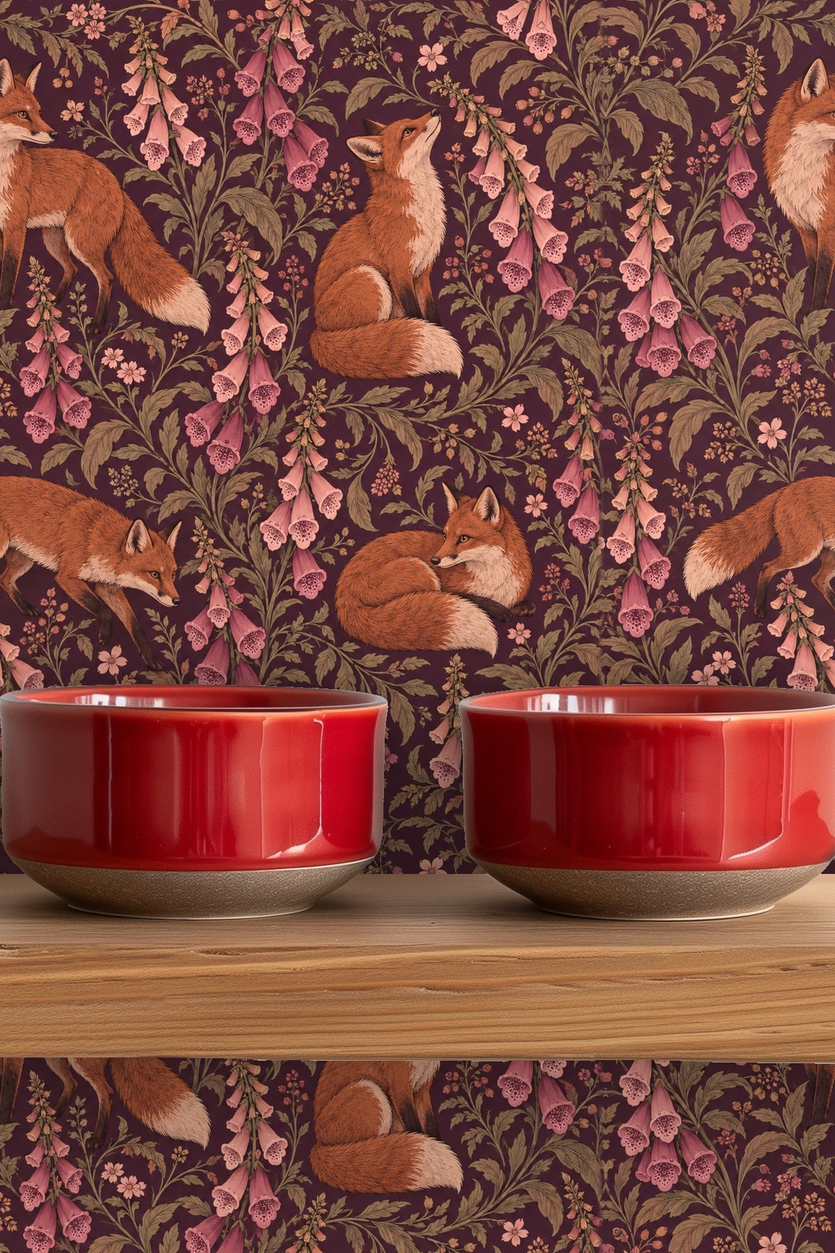 Pair of standing foxes on a botanical floral background