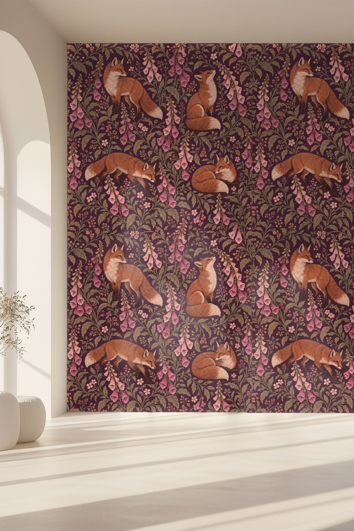 Soft shadow cast by fox motifs on wallpaper convey texture