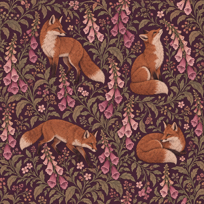 Contrast of foxes’ warm tones against deep, rich purple wallpaper background