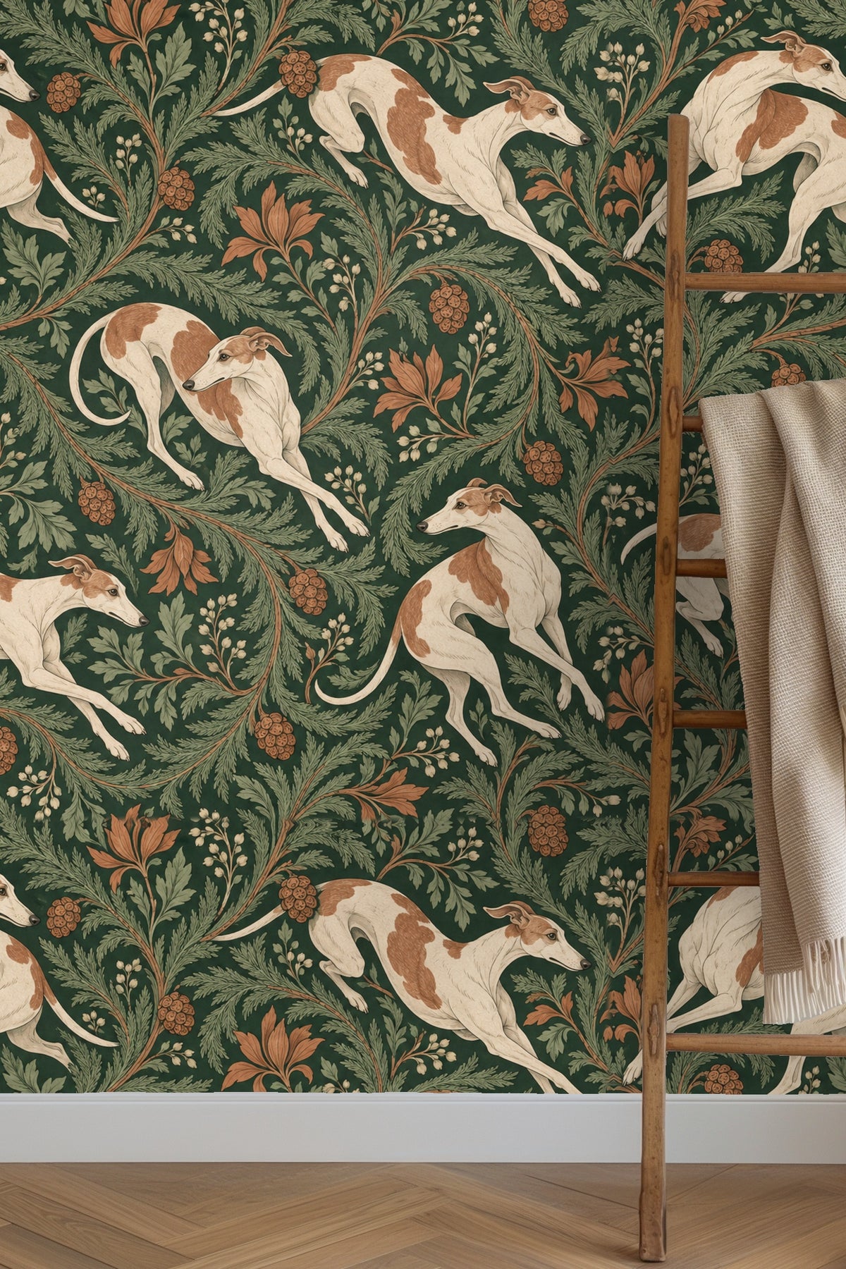 Room setting with botanical whippet wallpaper as accent wall creating depth and warmth