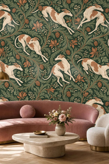 Wallpaper pattern showing repeated whippets in motion surrounded by naturalistic leaves and berries