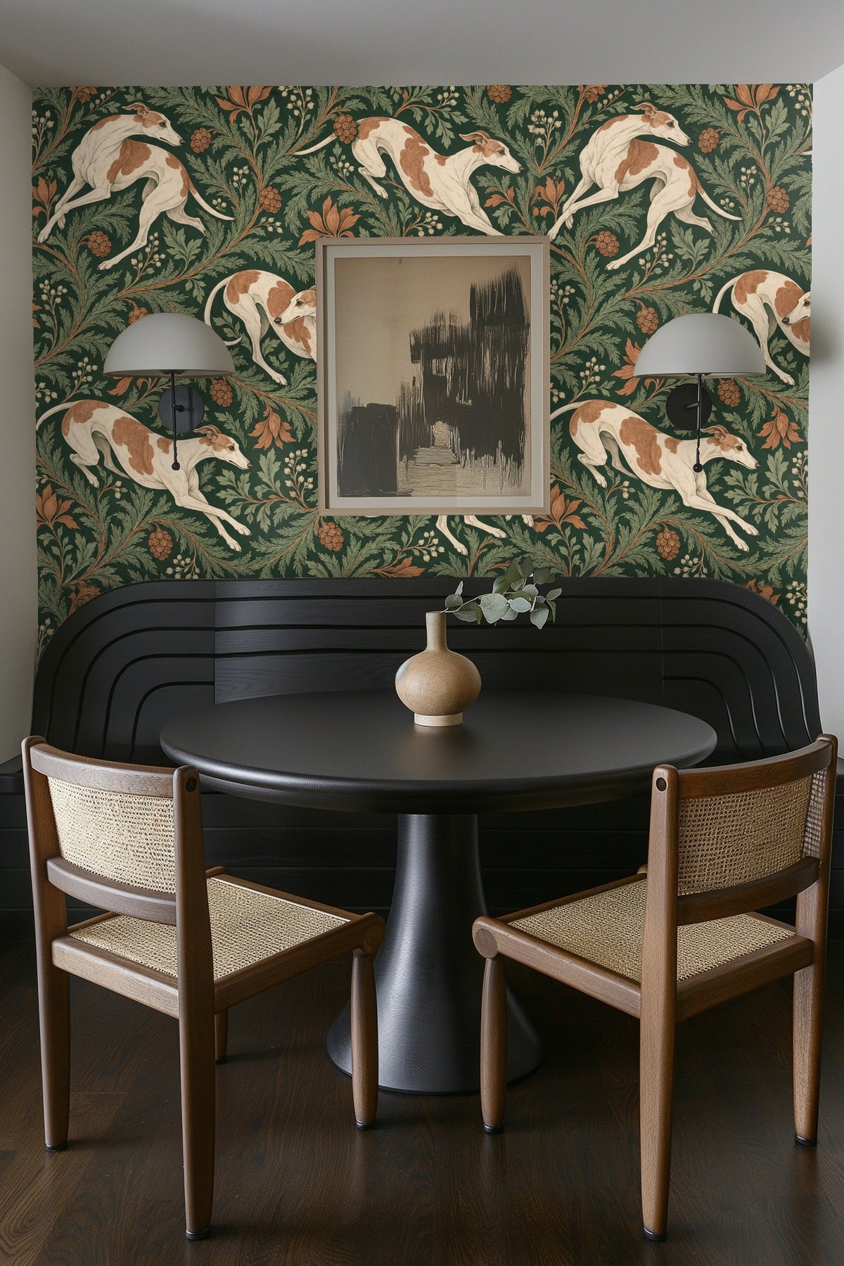 Color swatches of dark green, rust, cream, and sage from wallpaper palette