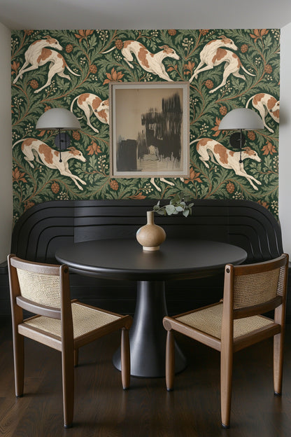 Color swatches of dark green, rust, cream, and sage from wallpaper palette