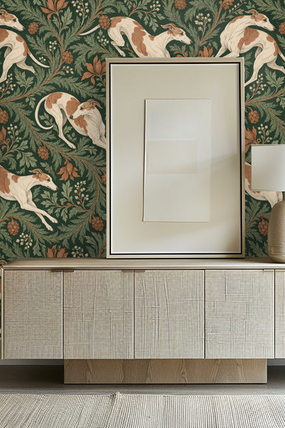 Entryway with wallpapered wall featuring leaping whippets and botanical scrolls behind a textured wood sideboard