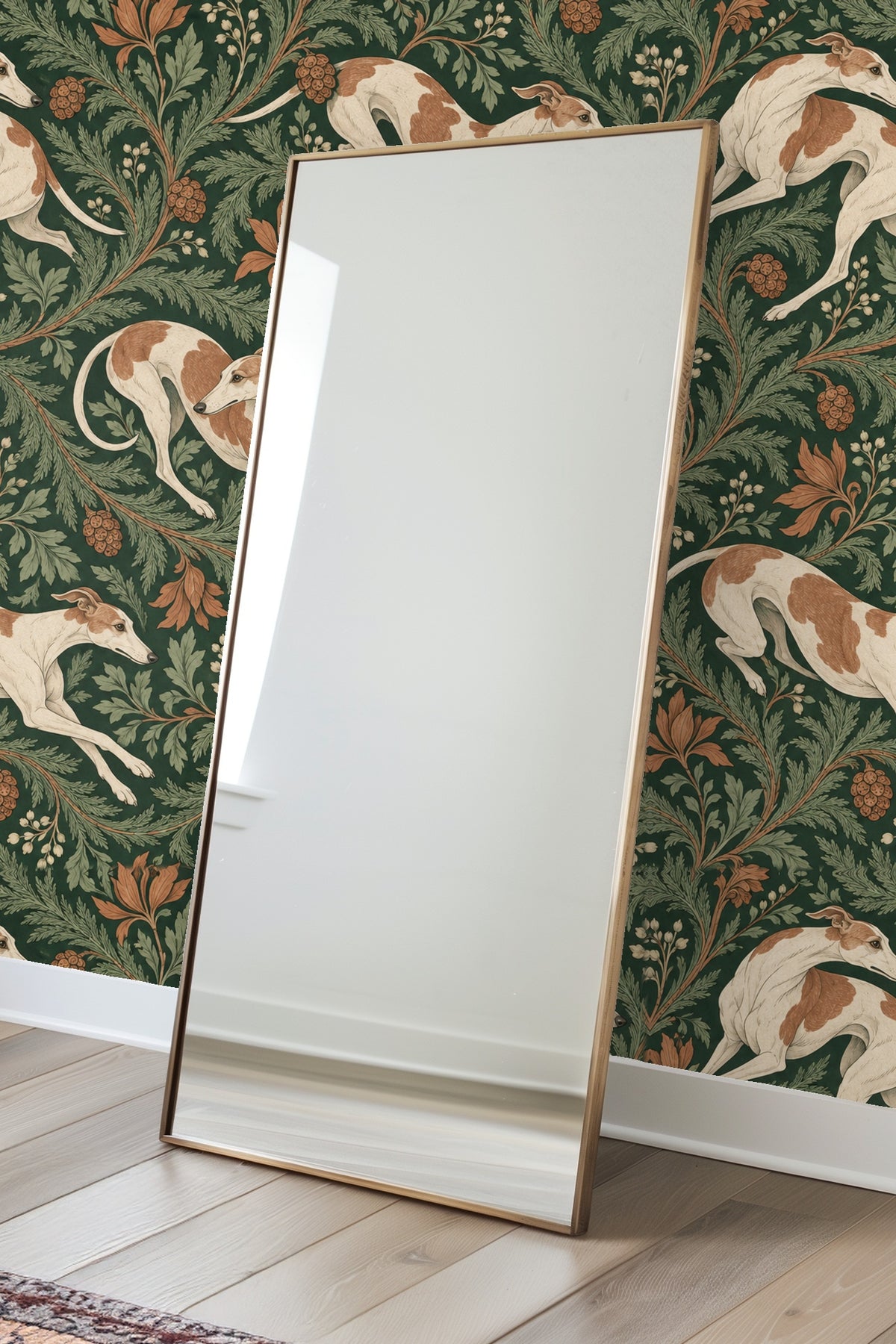 Wallpaper in a bedroom setting with white bedding and black bedside table