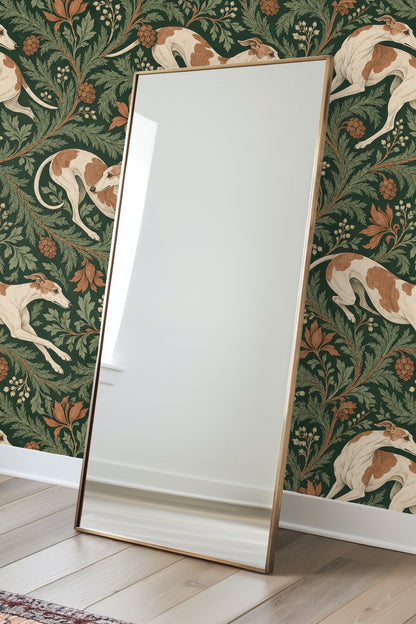 Wallpaper in a bedroom setting with white bedding and black bedside table