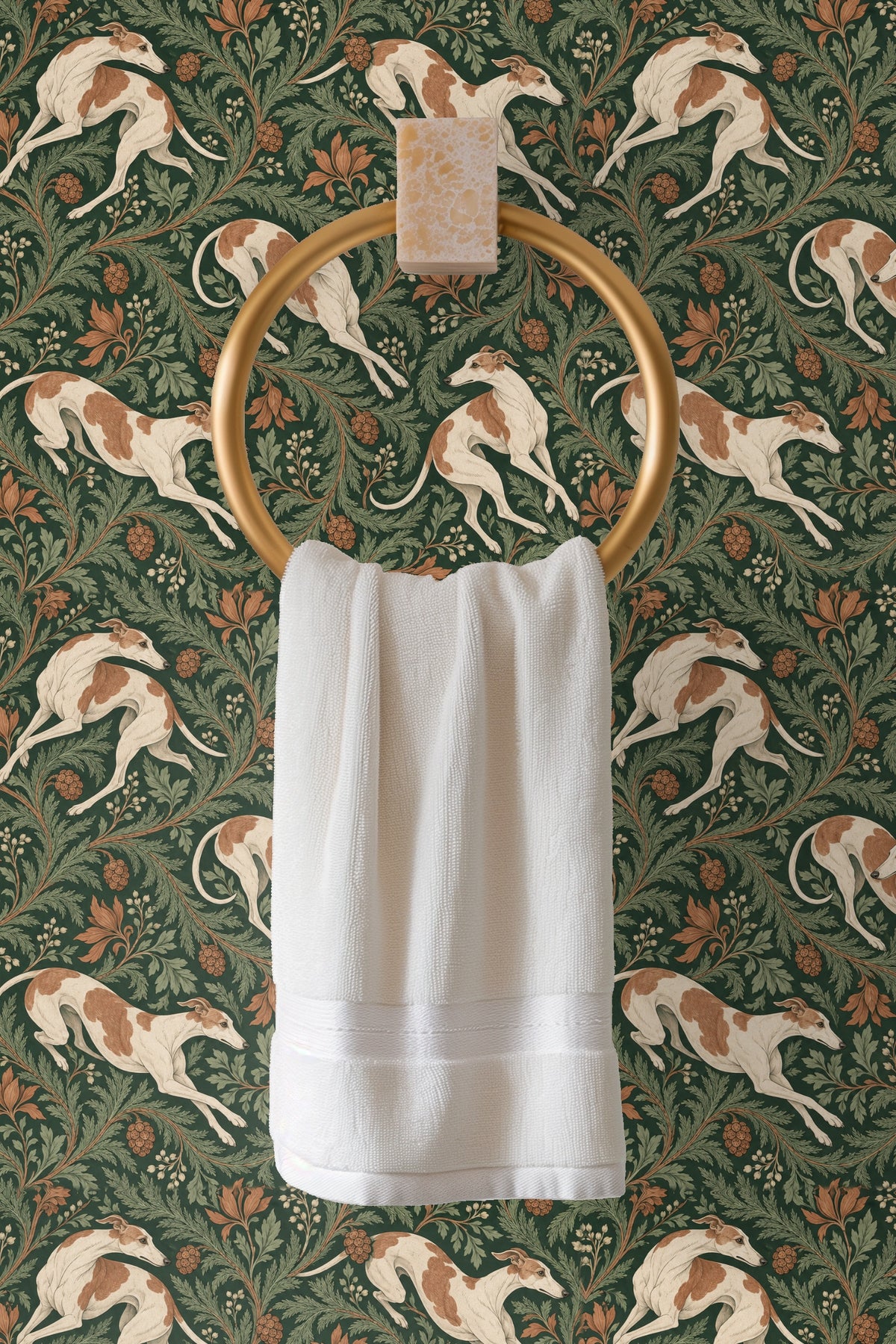 Muted ochre and green leaf details filling spaces between dogs