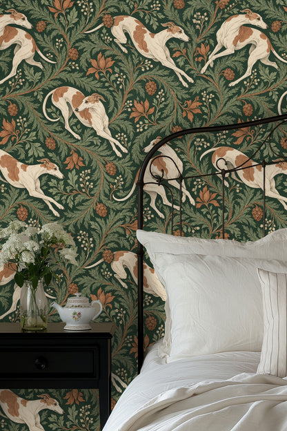 Bathroom medicine cabinet open against wallpaper featuring green laurel and tan whippets