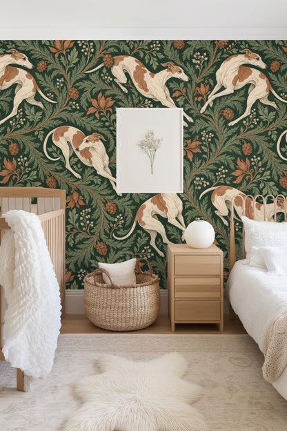 Iron headboard bed against wallpaper with classic whippet pattern and leafy vines