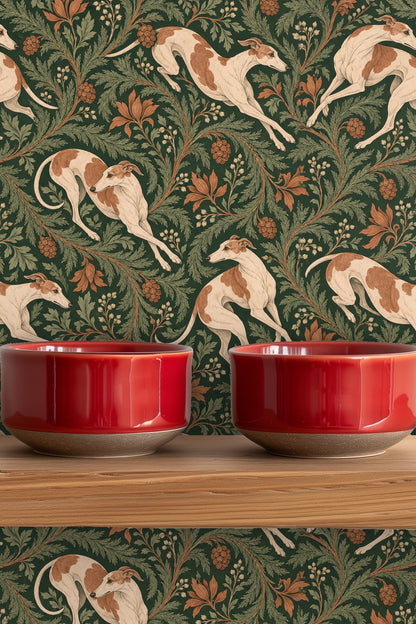 Pattern repeat of whippet and botanical scrolls with attention to leaf cluster details