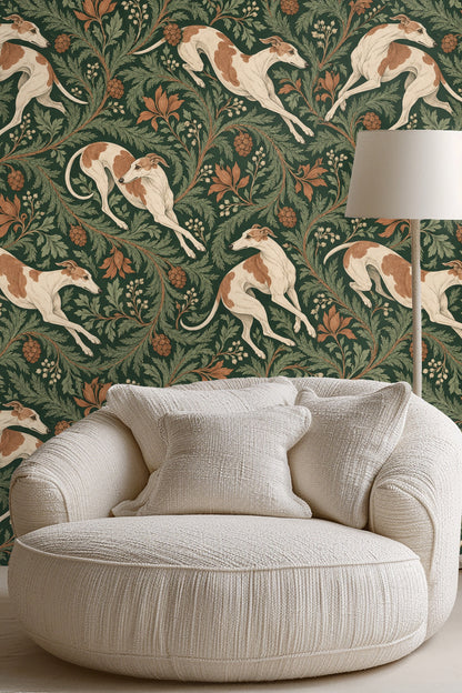 Wallpaper repeat showing elegant running whippets and curled pine cones