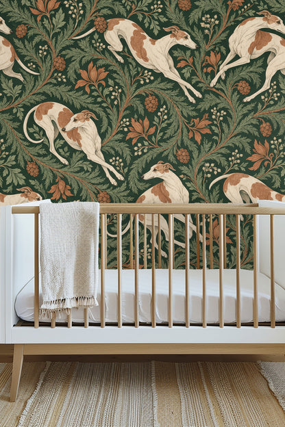 Wallpaper detail showing cream and rust whippets amid fern and leaf scrolls on dark green background
