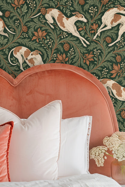 Fragment of wallpaper showing pine cone clusters and curling leaves on green