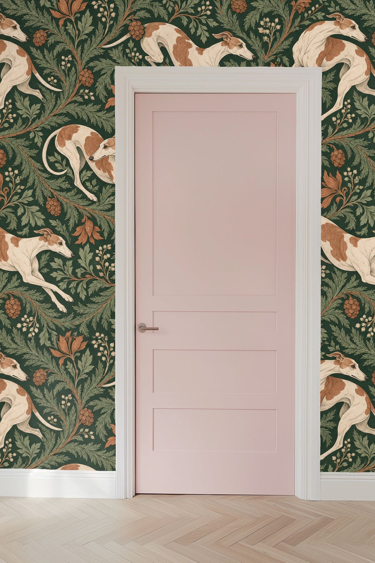 Partial view of multiple whippets swirling within foliage