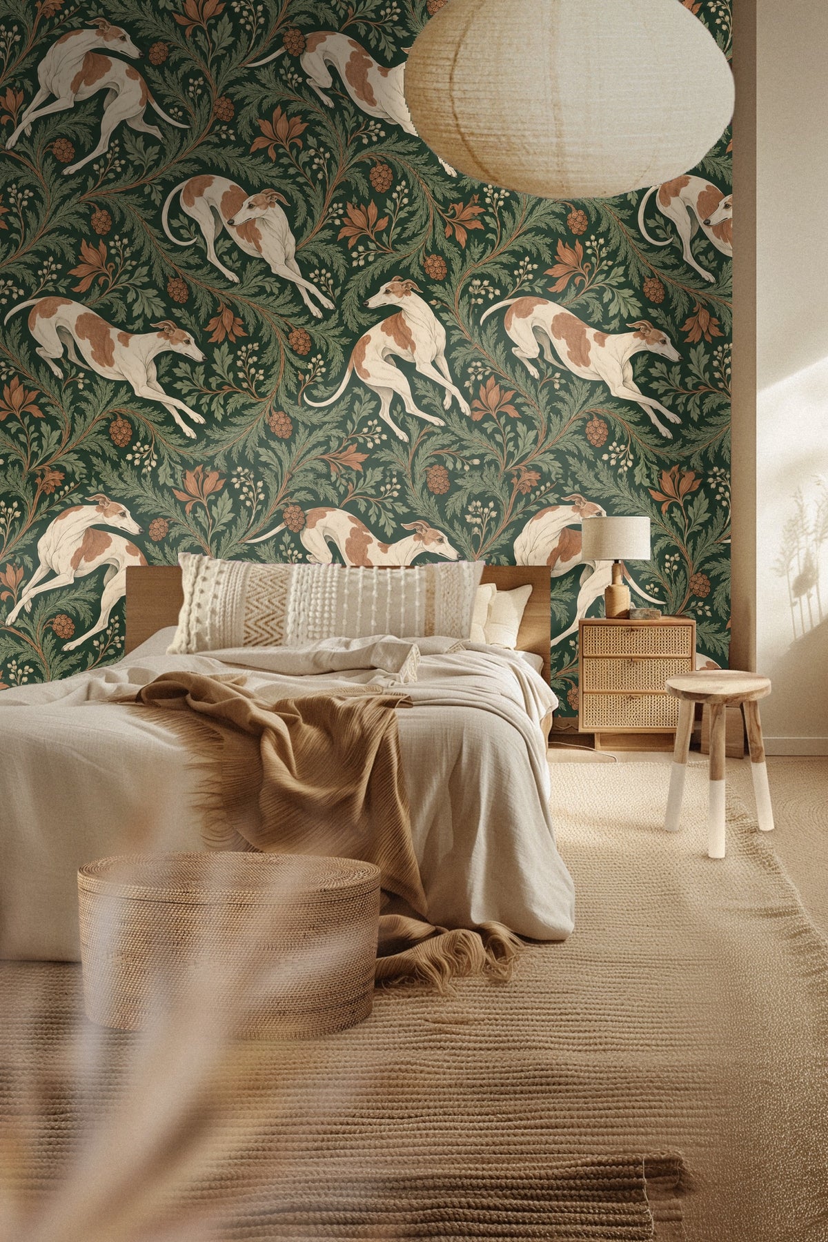Close-up of wallpaper artwork showing fine line details of whippets and swirling fern leaves