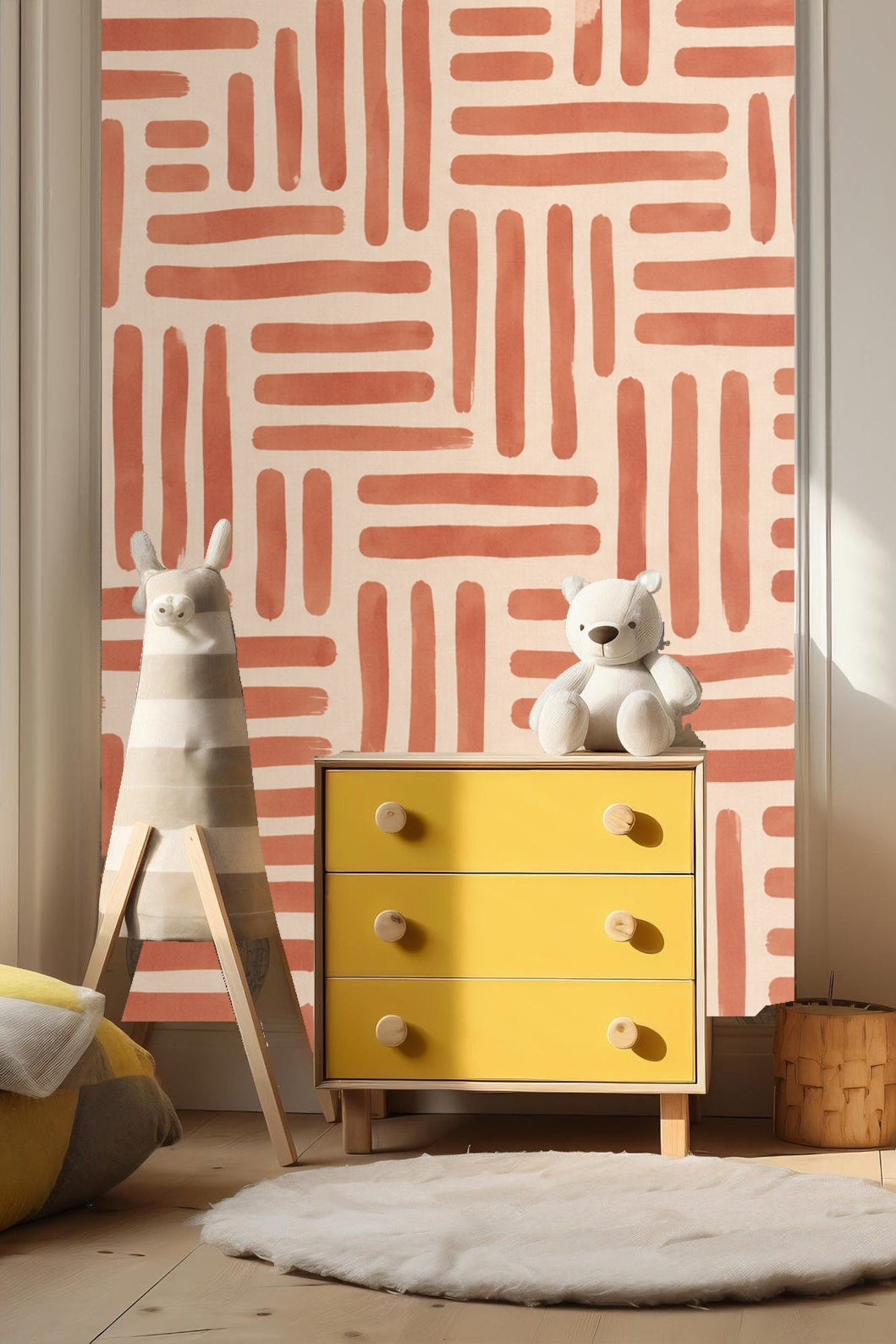 Interior wall with natural light revealing terracotta linear pattern in a spacious room