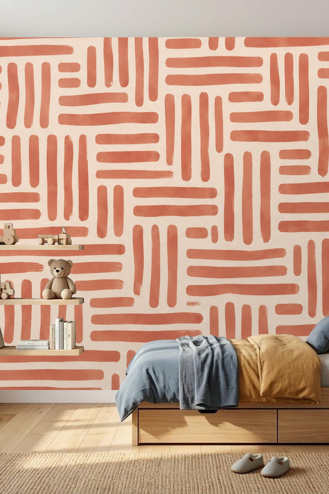 Side view of wall segment showcasing terracotta linear marks on a light background