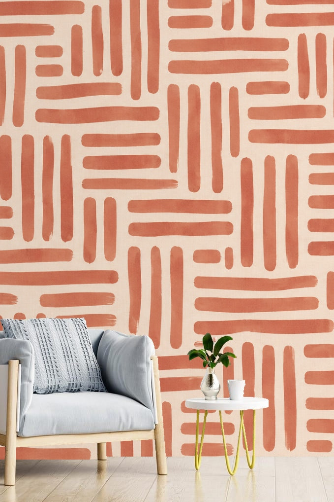 Original artwork showing terracotta linear strokes arranged in a grid pattern on a light peach background
