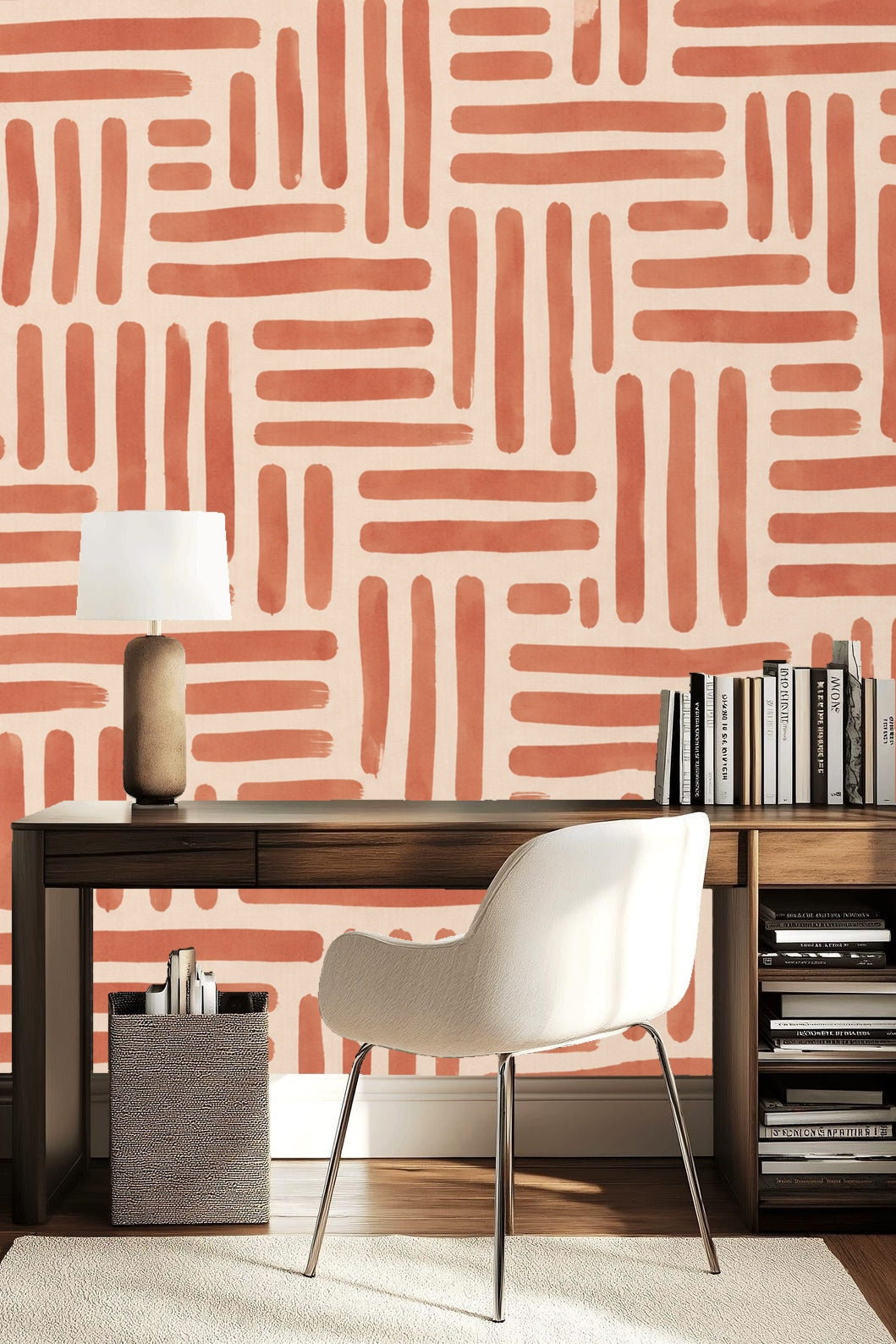 Ambient lighting highlighting the texture and color of the terracotta grid wallpaper