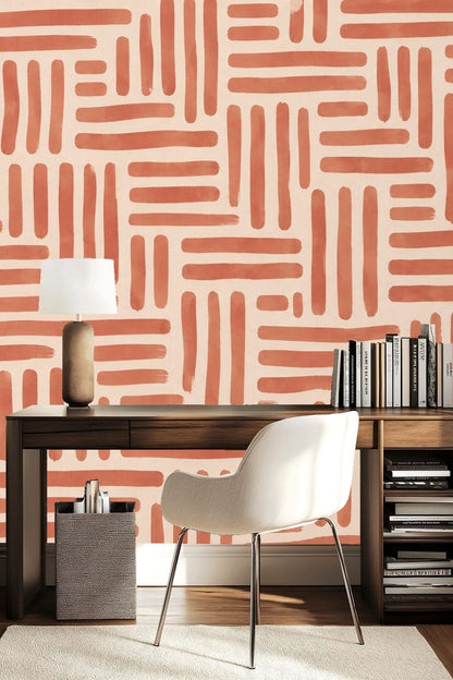 Ambient lighting highlighting the texture and color of the terracotta grid wallpaper