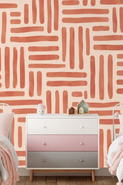 Minimalist room space emphasizing the warm terracotta linear design as wallpaper