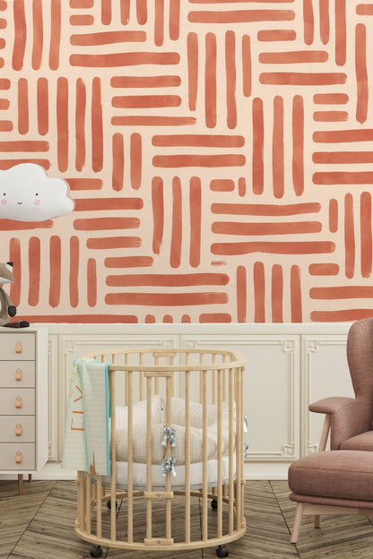 Children's bedroom featuring white bed and storage baskets with terracotta linear grid wallpaper on the walls