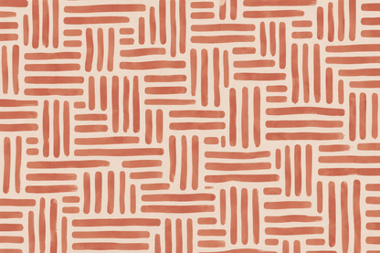 Neutral colored floor lamp illuminating terracotta linear grid wallpaper in a modern space