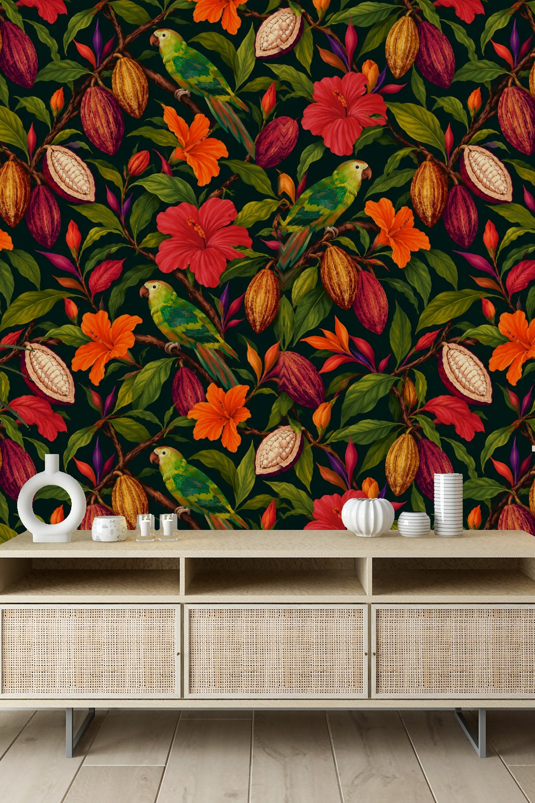Tropical wallpaper pattern with cocoa pods, parrots, and hibiscus flowers on dark background