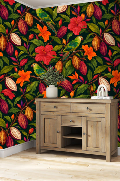 Elegant leafy branches interweave with parrots and flowers on wallpaper