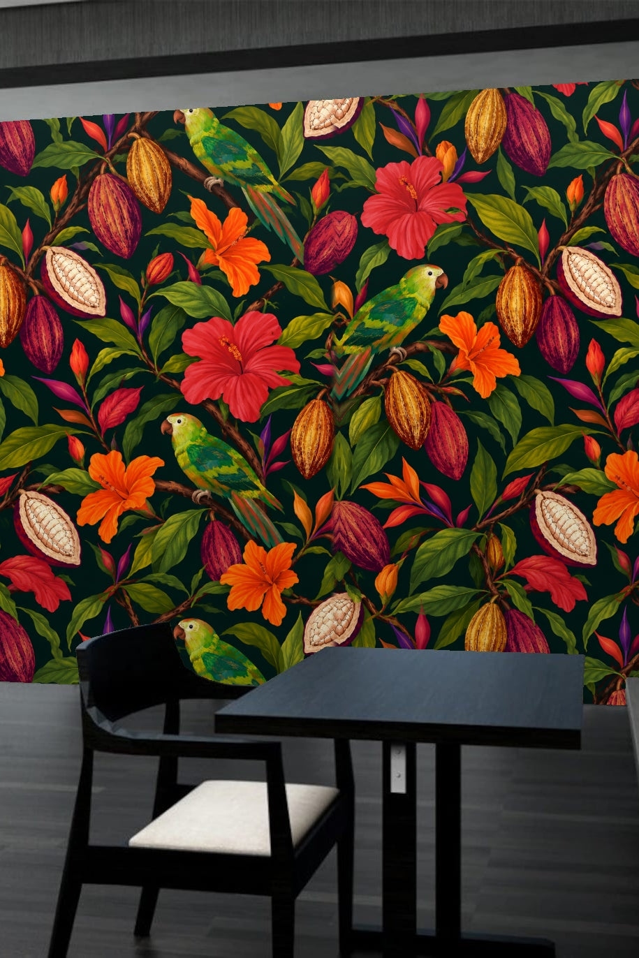 Close-up detail of cocoa pods and parrot in wallpaper pattern